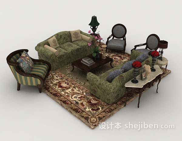 田园花朵组合沙发3d模型下载