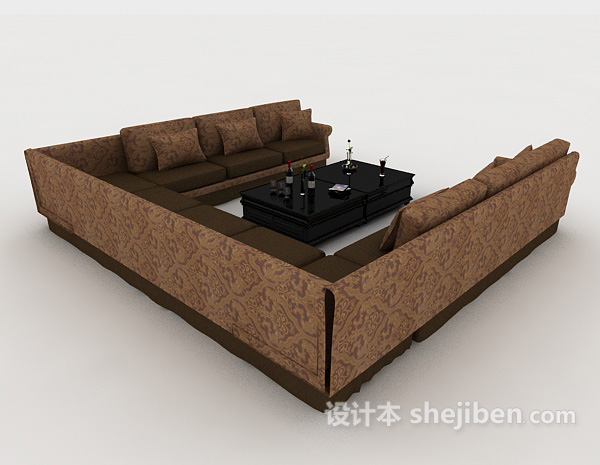 设计本家居花纹棕色多人沙发3d模型下载