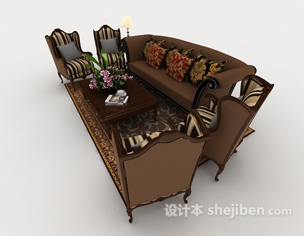 设计本新中式复古棕色组合沙发3d模型下载