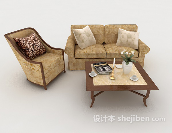 欧式风格欧式棕黄色组合沙发3d模型下载