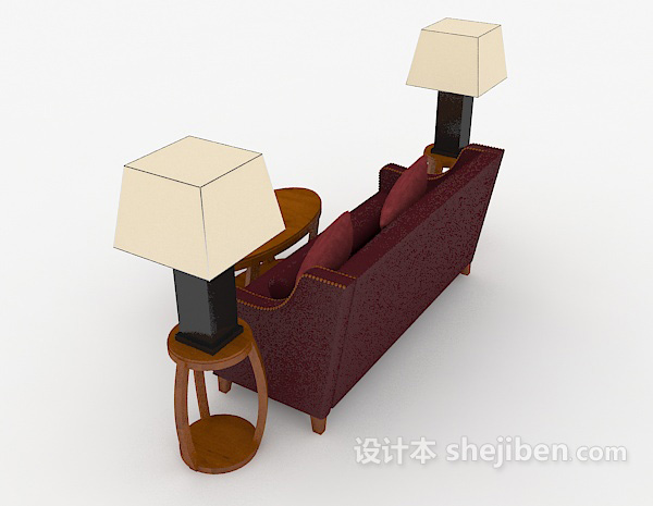 设计本新中式复古红色双人沙发3d模型下载