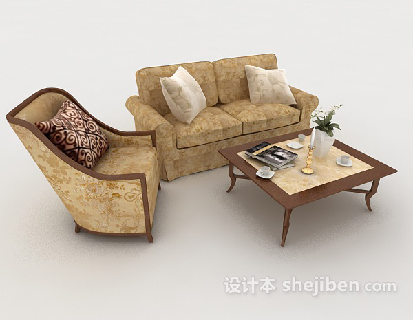 免费欧式棕黄色组合沙发3d模型下载