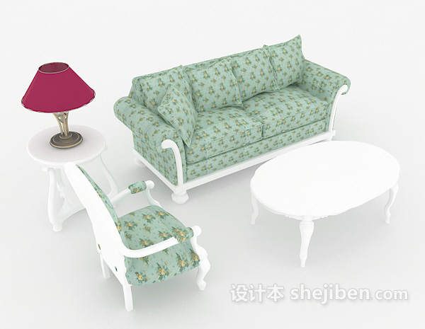 田园风格田园绿色花朵组合沙发3d模型下载