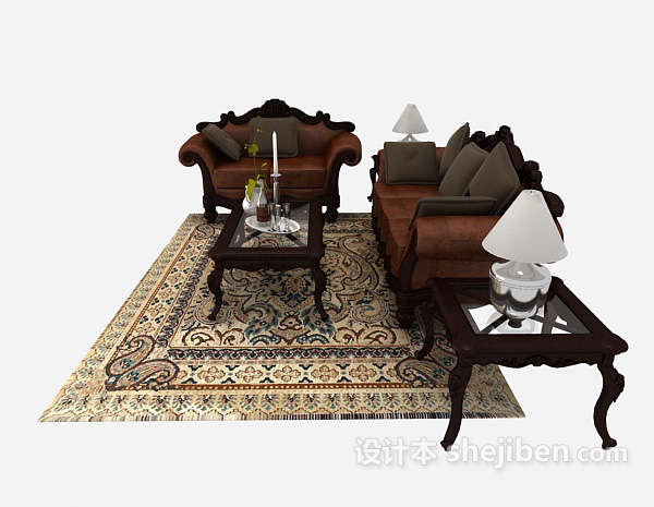 设计本中式复古木质棕色组合沙发3d模型下载