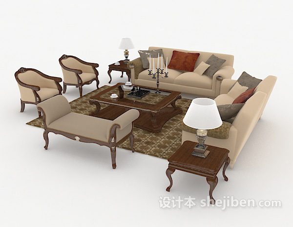 免费中式木质棕色组合沙发3d模型下载