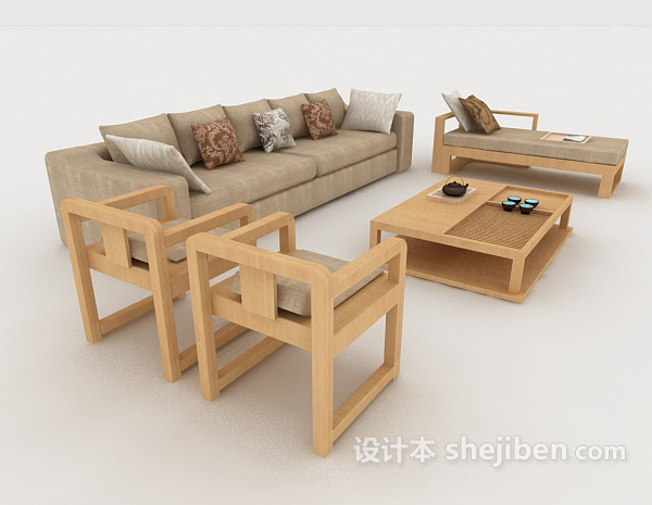 设计本家居木质浅棕色组合沙发3d模型下载