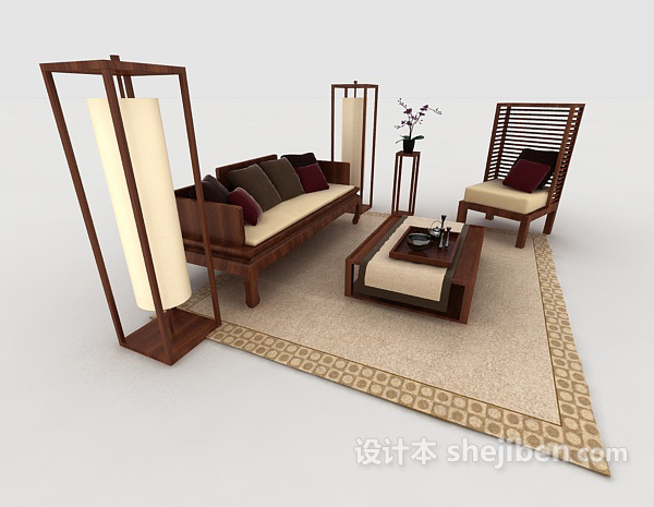 免费新中式家居木质棕色组合沙发3d模型下载