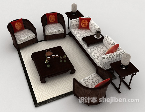设计本新中式木质组合沙发3d模型下载