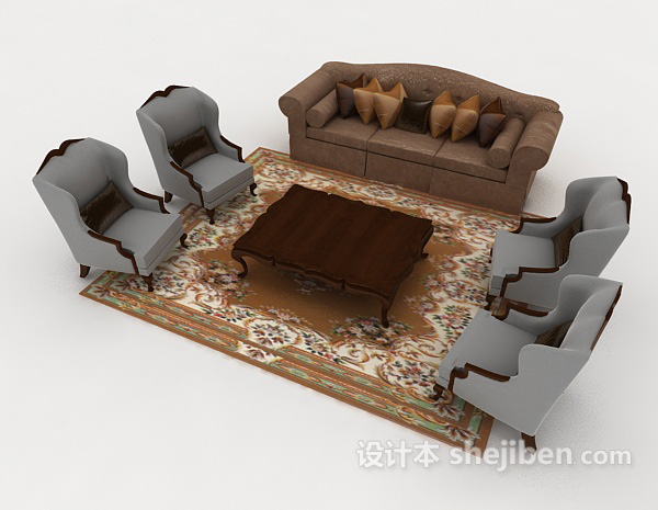中式风格新中式灰棕色组合沙发3d模型下载