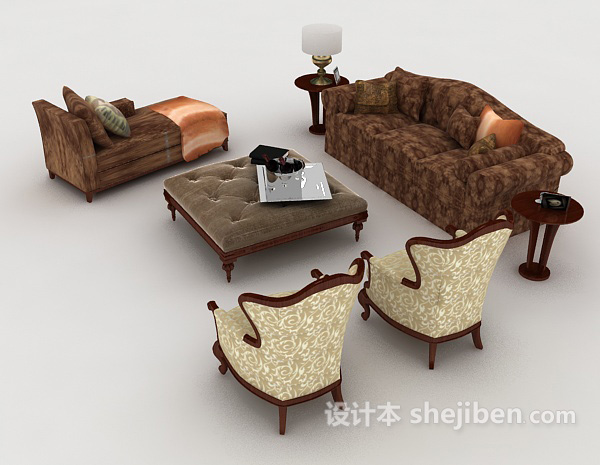 设计本中式复古棕色组合沙发3d模型下载