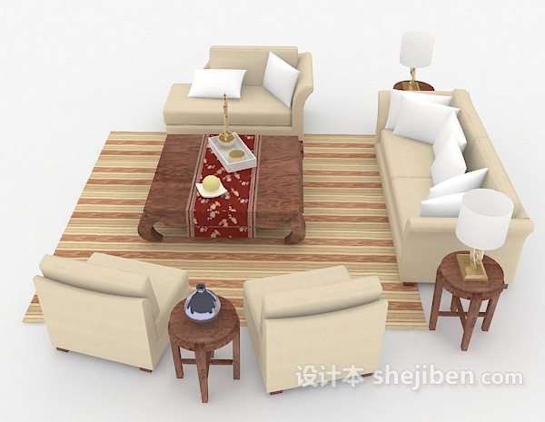 设计本木质浅棕色组合沙发3d模型下载