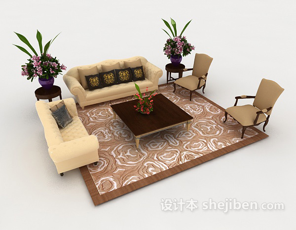 免费欧式家居黄色木质组合沙发3d模型下载