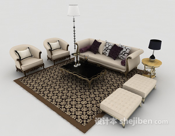 欧式简约木质家居组合沙发3d模型下载