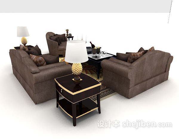 设计本新中式深棕色组合沙发3d模型下载