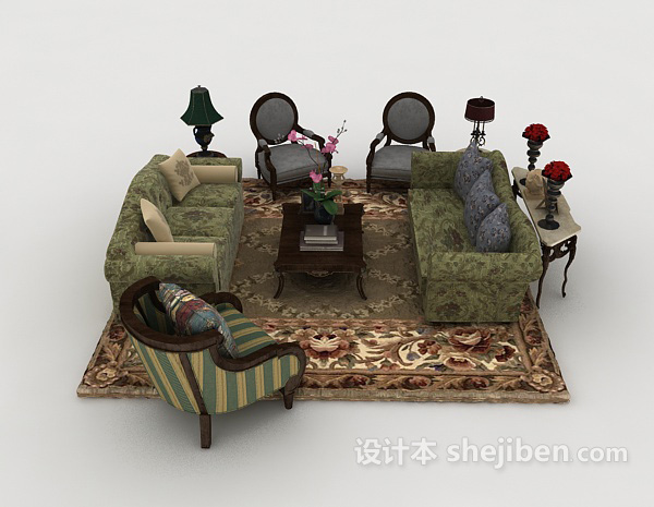 田园风格田园花朵组合沙发3d模型下载