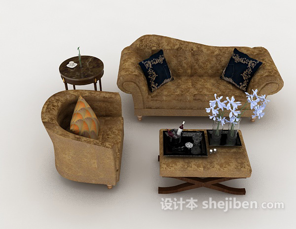 欧式风格欧式花纹棕色组合沙发3d模型下载
