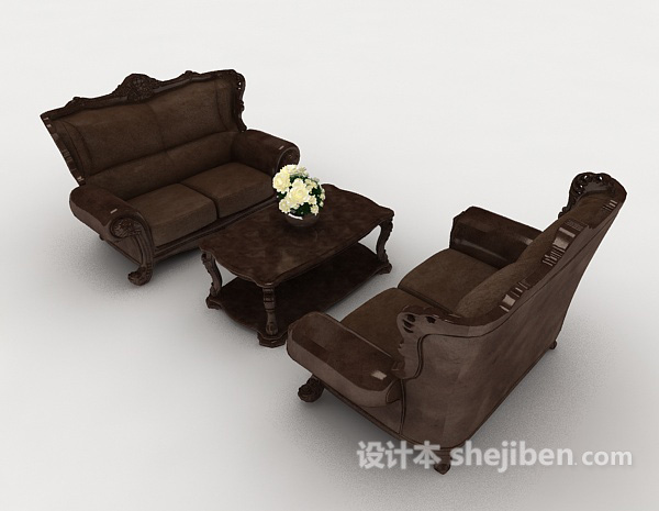 免费中式复古深棕色组合沙发3d模型下载