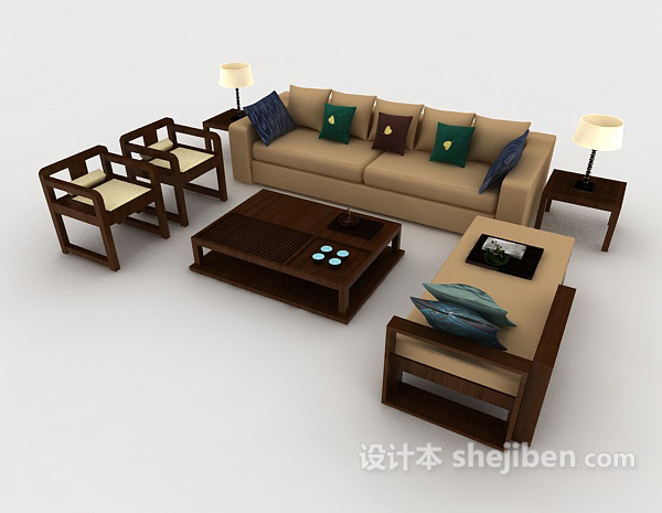 新中式简约棕色组合沙发3d模型下载