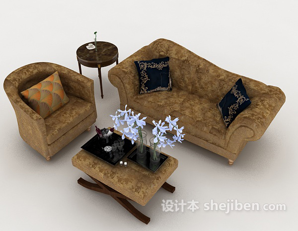免费欧式花纹棕色组合沙发3d模型下载