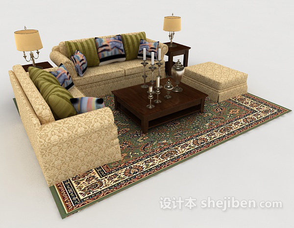 免费家居花纹黄棕色组合沙发3d模型下载