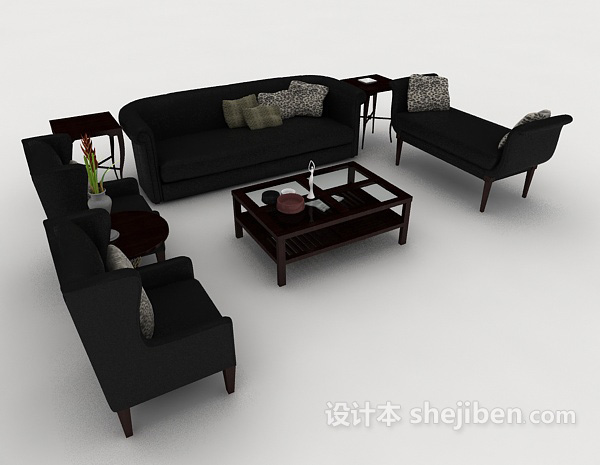 免费欧式简约黑色木质组合沙发3d模型下载
