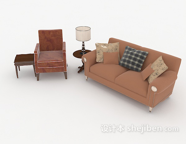现代风格家居棕色木质休闲组合沙发3d模型下载