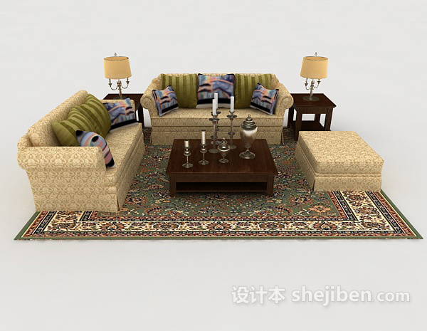 现代风格家居花纹黄棕色组合沙发3d模型下载