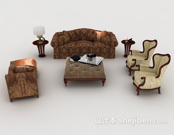 中式风格中式复古棕色组合沙发3d模型下载