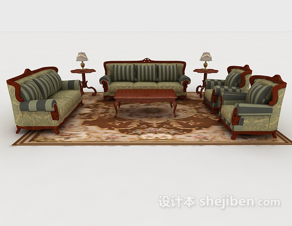 中式风格中式复古绿色组合沙发3d模型下载