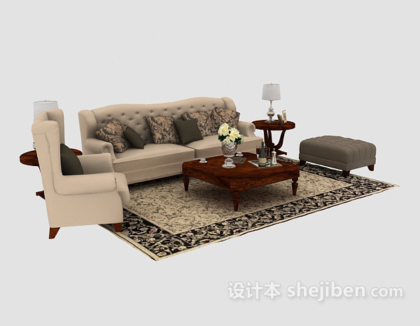 设计本欧式家居木质浅棕色组合沙发3d模型下载