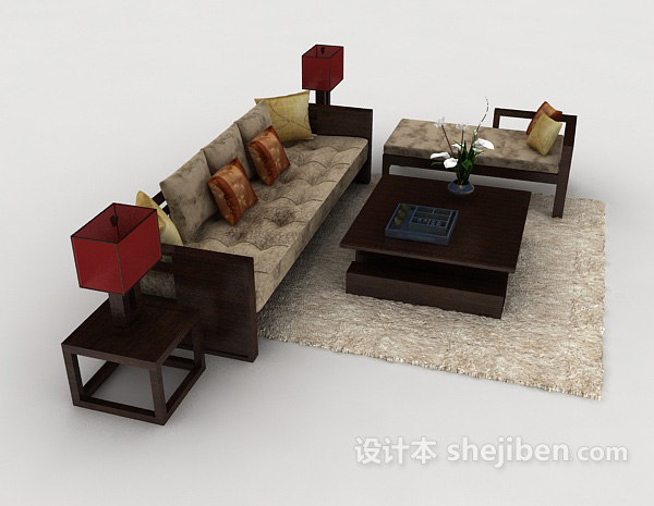 免费家居木质棕色花纹组合沙发3d模型下载
