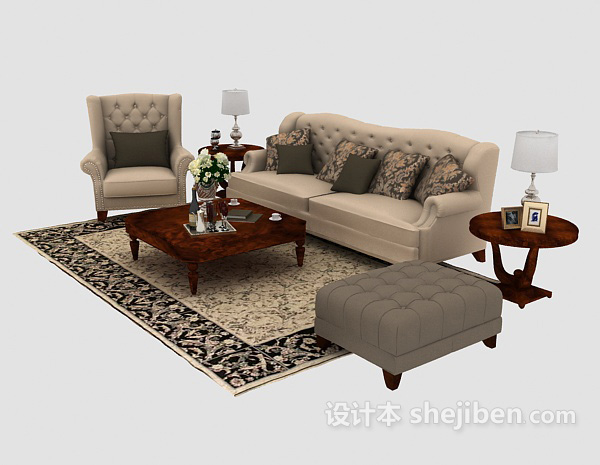 欧式风格欧式家居木质浅棕色组合沙发3d模型下载