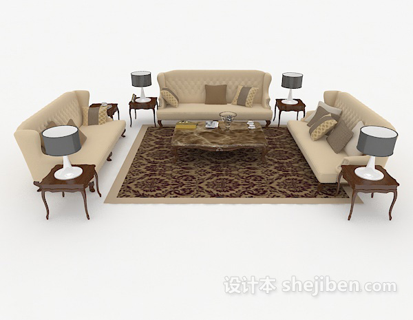 欧式风格欧式家居木质棕色组合沙发3d模型下载