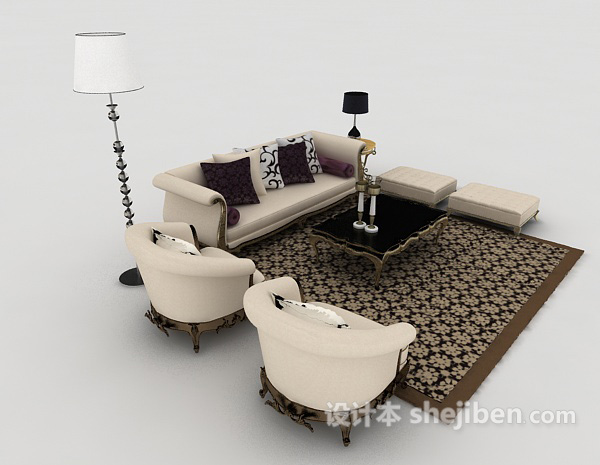 设计本欧式简约木质家居组合沙发3d模型下载