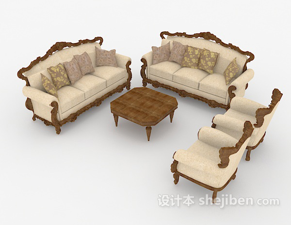 欧式棕色家居木质组合沙发3d模型下载