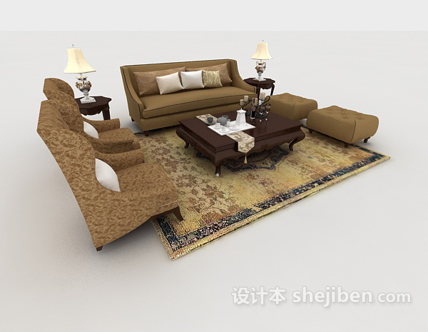 免费新中式浅棕色组合沙发3d模型下载