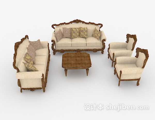 欧式风格欧式棕色家居木质组合沙发3d模型下载