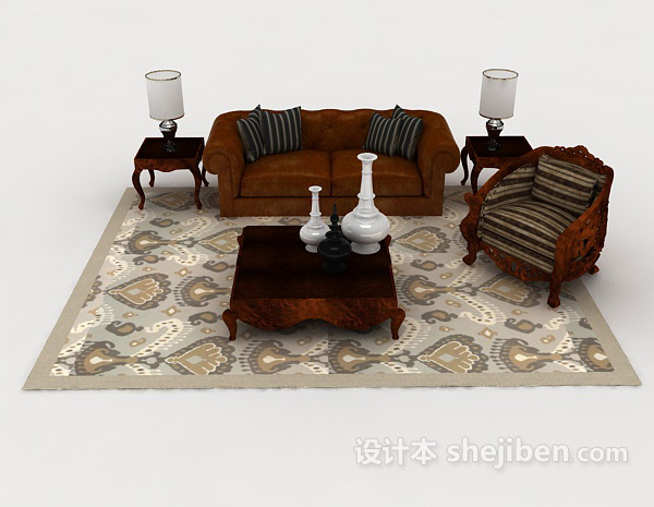 中式风格中式复古木质深棕色组合沙发3d模型下载
