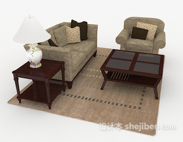 免费中式棕色组合沙发3d模型下载