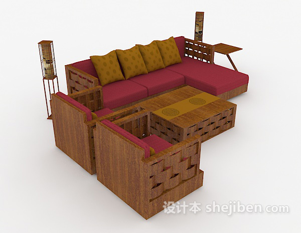 设计本家居木质休闲枚红色组合沙发3d模型下载