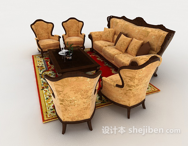 设计本中式复古黄色组合沙发3d模型下载