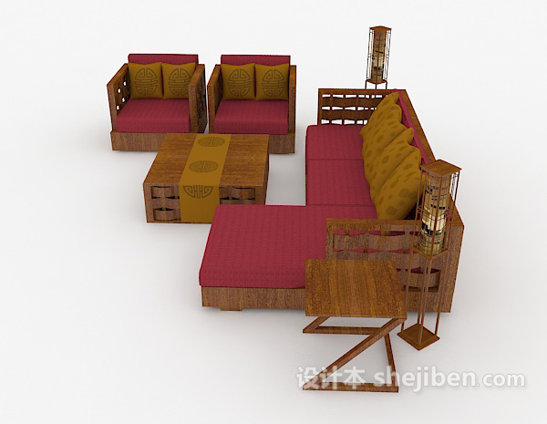现代风格家居木质休闲枚红色组合沙发3d模型下载