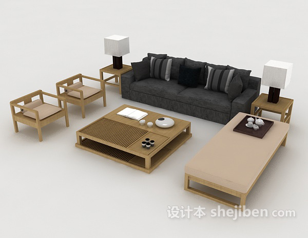 免费木质休闲家居组合沙发3d模型下载