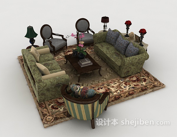 免费田园花朵组合沙发3d模型下载