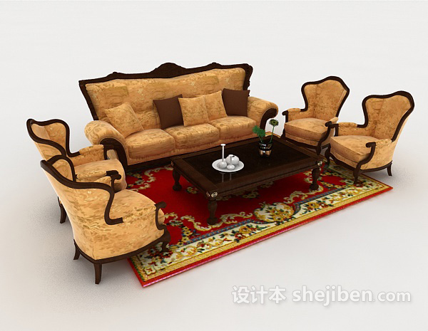 中式复古黄色组合沙发3d模型下载