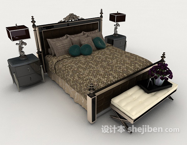 免费欧式家居灰色双人床3d模型下载