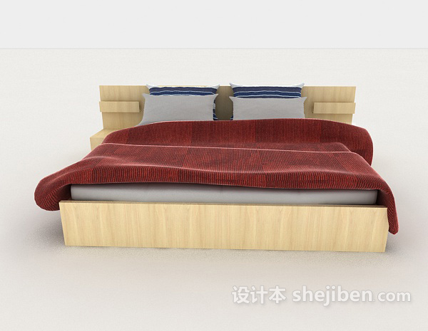 现代风格木质家居简单红色双人床3d模型下载