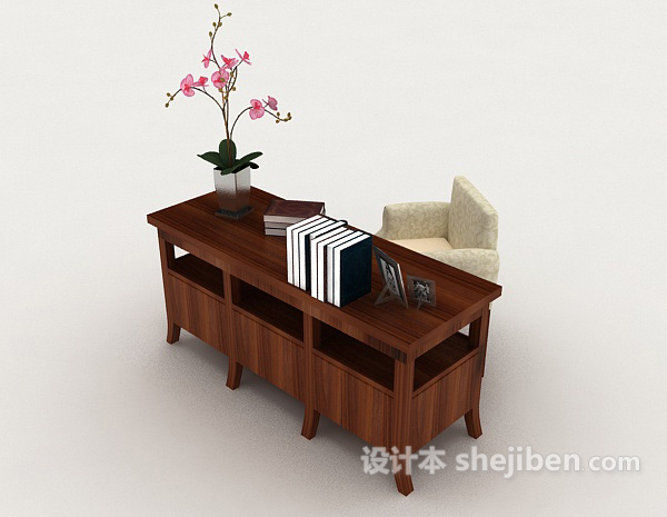 免费中式简约木质桌椅组合3d模型下载