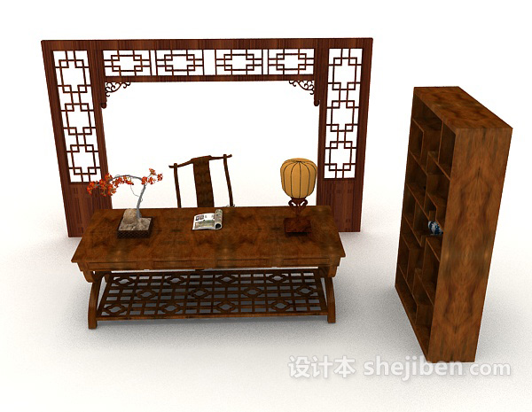 设计本中式复古书桌椅柜3d模型下载
