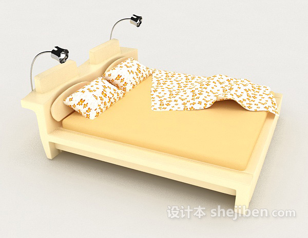 设计本暖黄色花纹双人床3d模型下载